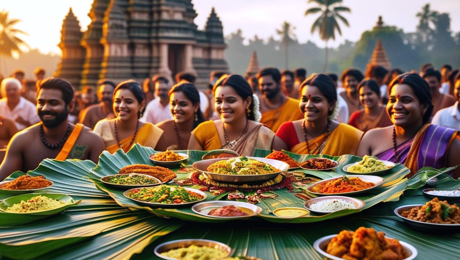 a grand feast, part of the Onam celebrations in Kerala, featuring a variety of traditional vegetarian dishes served on a banana leaf